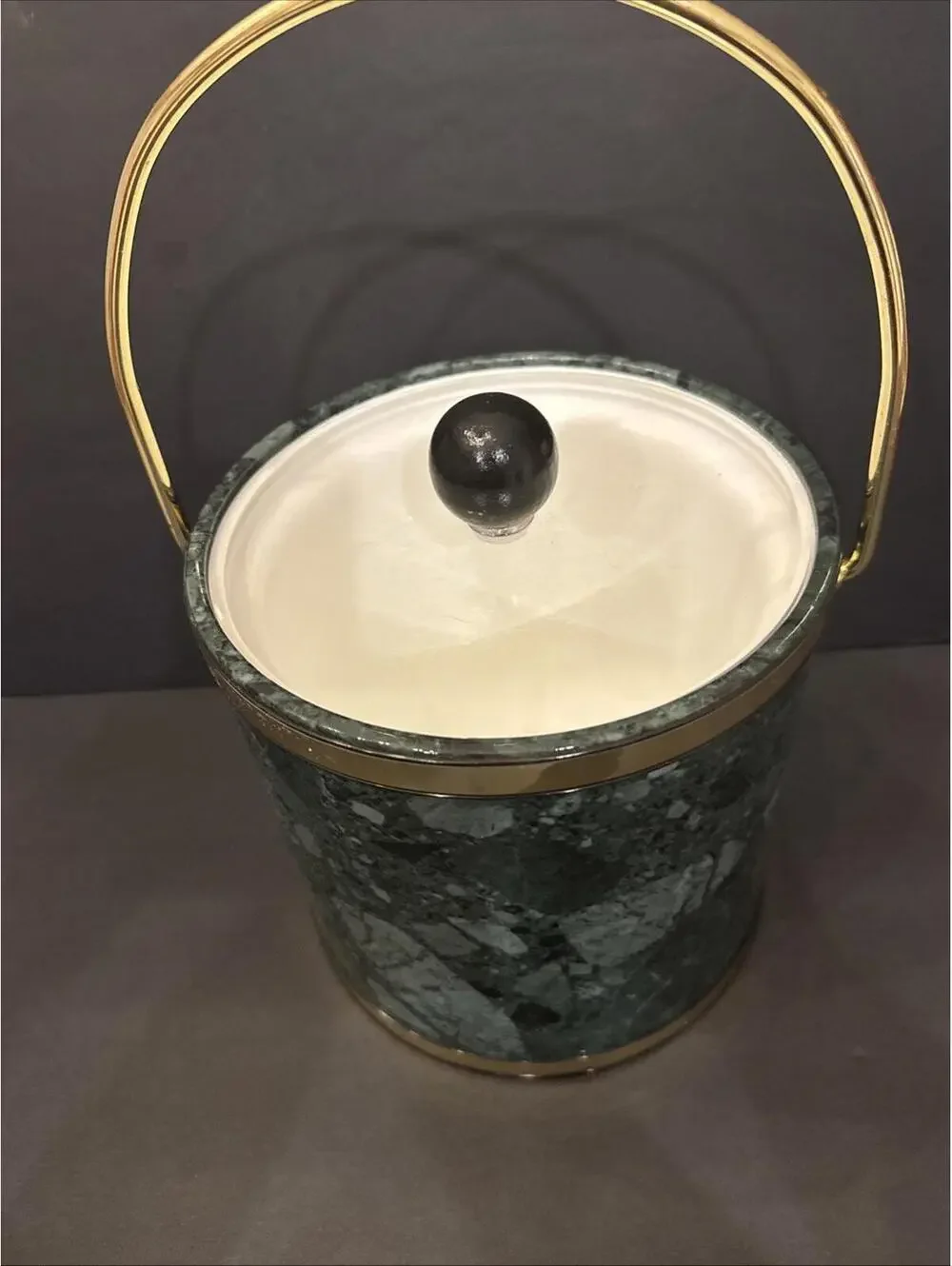 MCM Kraftware Ice Bucket Dark Green Marble Brass Barware Man Cave